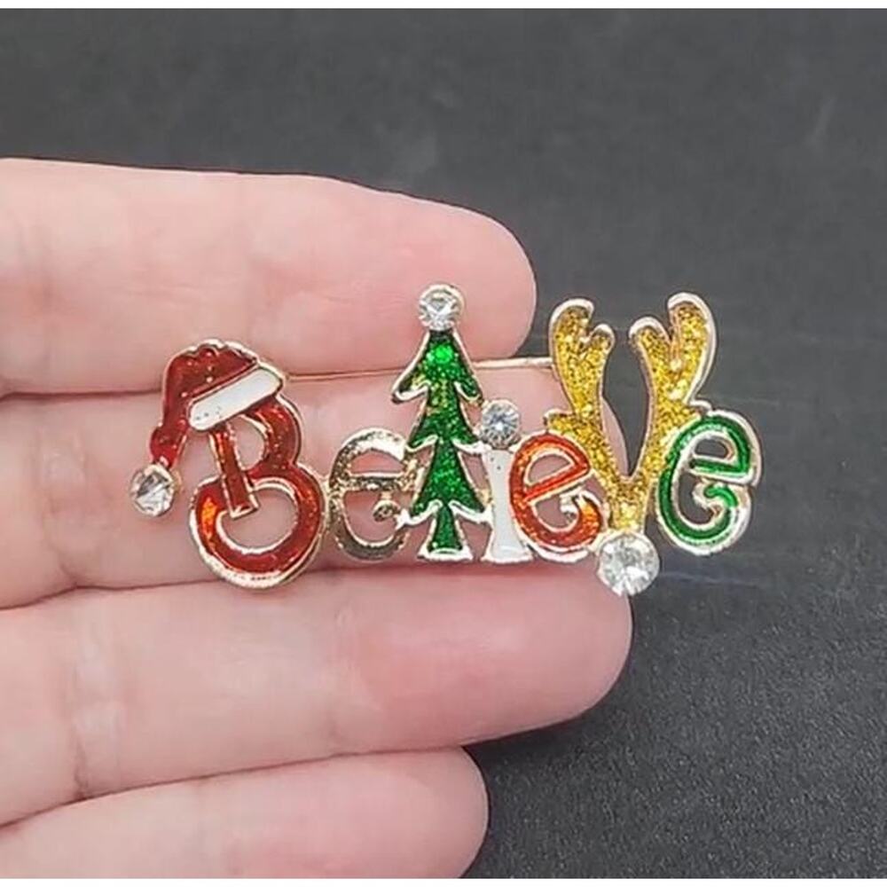 Believe Christmas Brooch Santa Hat Tree Antlers Glittery Enamel & Rhinestone